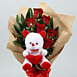 Red Roses Bouquet With Money Plant & Teddy