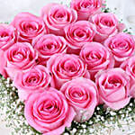 16 Pink Roses Arrangement In Wooden Base