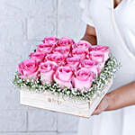16 Pink Roses Arrangement In Wooden Base