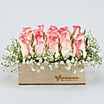 25 Pink Roses Arrangement In Wooden Base