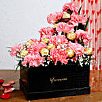 Pink Carnations & Ferrero Rocher Arrangement In FNP Box