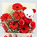 Red Gerberas Bouquet With Teddy Bear