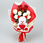 Red & White Roses Bouquet With Teddy Bear