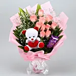 Pink Roses Bouquet With Chocolate & Teddy