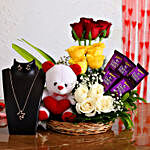 Lovely Roses Arrangement With Teddy & Necklace Set