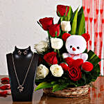 Mixed Roses Arrangement With Teddy & Necklace Set