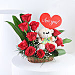 Red Roses Arrangement With Love Tag & Teddy