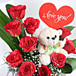 Red Roses Arrangement With Love Tag & Teddy