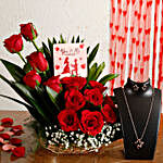 Red Roses Arrangement With Printed Table Top & Necklace Set
