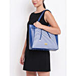 KLEIO Striped Leatherette Big Tote Handbag Blue