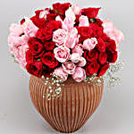 Aqua And Red Roses Arrangement In Terracotta Pot