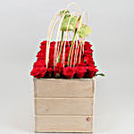 Green Anthurium & Red Roses In Wooden Crate