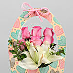 Pink Roses & White Asiatic Lily In FNP Heart Sleeve