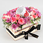 Beautiful Flowers and Heart Mug In Pretty Wooden Basket