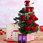 Red Roses In Sticker Vase and Love Card with Cadbury Dairy Milk