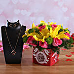 Mixed Flowers In Sticker Vase & Pretty Necklace Set