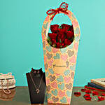 Red Roses In FNP Heart Sleeve & Pretty Necklace Set