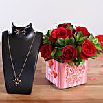 Red Roses In Sticker Vase & Pretty Necklace Set