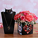Roses and Carnations In Sticker Vase & Pretty Necklace Set