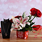 Roses and Lilies In Sticker Vase & Pretty Necklace Set