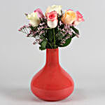 Cute Mixed Roses In Peach Glass Vase