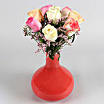 Cute Mixed Roses In Peach Glass Vase