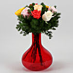 Cute Mixed Roses In Red Glass Vase