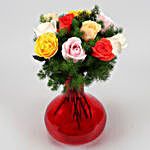 Cute Mixed Roses In Red Glass Vase