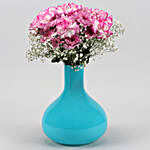 Pink Carnations & Pink Daisies In Blue Glass Vase