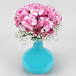 Pink Carnations & Pink Daisies In Blue Glass Vase