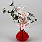 Pink Oriental Lilies In Red Glass Vase