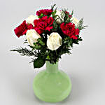 Purple Carnations & White Roses In Green Glass Vase