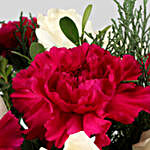 Purple Carnations & White Roses In Green Glass Vase