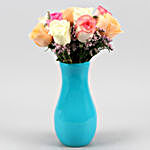 Soothing Mixed Roses In Blue Glass Vase