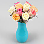 Soothing Mixed Roses In Blue Glass Vase