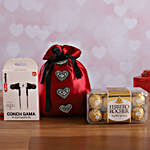 Cherry Red Potli With Earphone & Ferrero Rocher Box