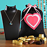 Valentine Chocolates In Black Potli & Heart Pendant
