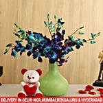 Vibrant Blue Orchids In Green Vase & Cute Teddy