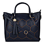 Faux Leather Embroidered Fancy Handle Navy Round Sling Bag