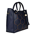 Faux Leather Embroidered Fancy Handle Navy Round Sling Bag