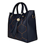 Faux Leather Embroidered Fancy Handle Navy Round Sling Bag