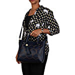 Faux Leather Embroidered Fancy Handle Navy Round Sling Bag