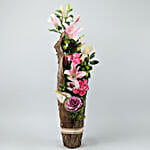 Mixed Flowers In Cylindrical Wooden Vase