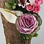 Mixed Flowers In Cylindrical Wooden Vase