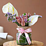 Charming Mixed Flowers In Pink Ribbon Tied Jar