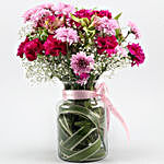 Colourful Mixed Flowers In Pink Ribbon Tied Jar