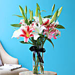 Mixed Oriental Lilies In Cylindrical Vase
