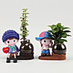 Jade & Ficus Compacta Plant Combo In Cute Cap Girl Vases