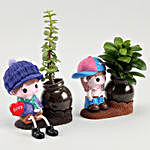 Jade & Ficus Compacta Plant Combo In Cute Cap Girl Vases
