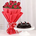 Chocolate Truffle Cake and Red Roses Bouquet